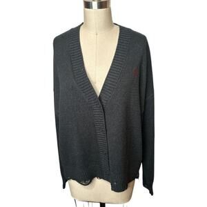 Jordan Black Gray Knit Button Up V-Neck Distressed Cardigan Sweater Womens M NWT